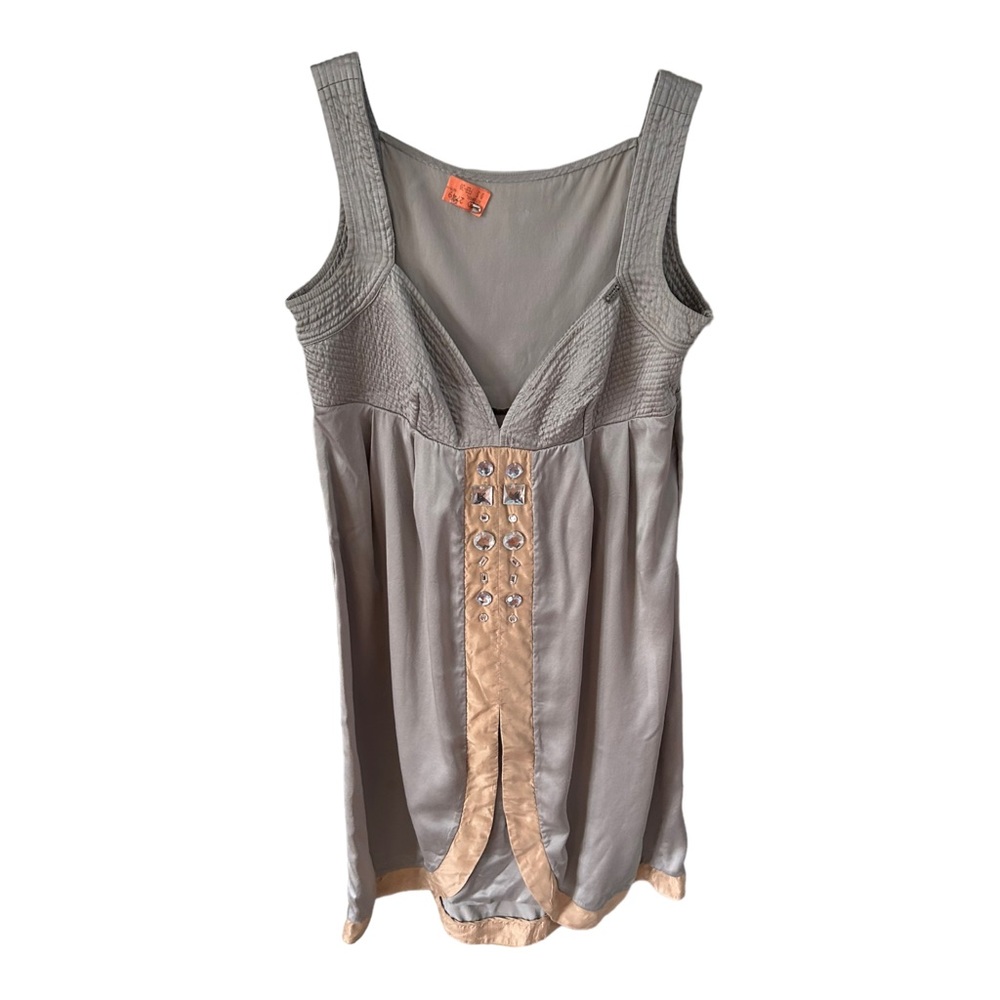 Miss Sixty Mini Dress Sz S/M Gray Beige w/Rhinestones V Neck Sleeveless …
